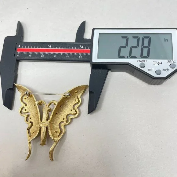 Pell Uranium Glass Butterfly Brooch Vintage Signed Gold-Tone Pink Body